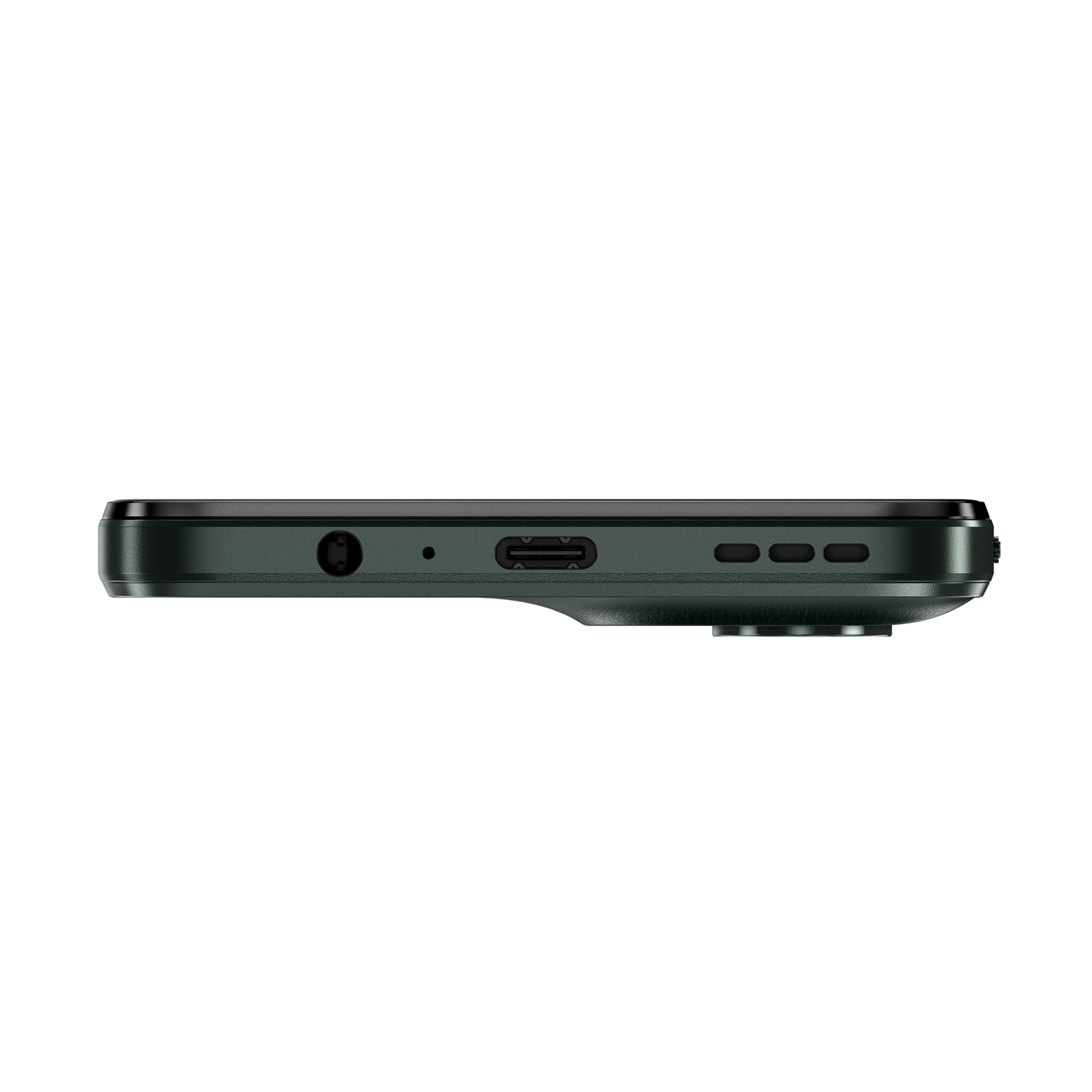 Close-up of the bottom edge of a dark green smartphone. Shows a headphone jack, port, and speakers.