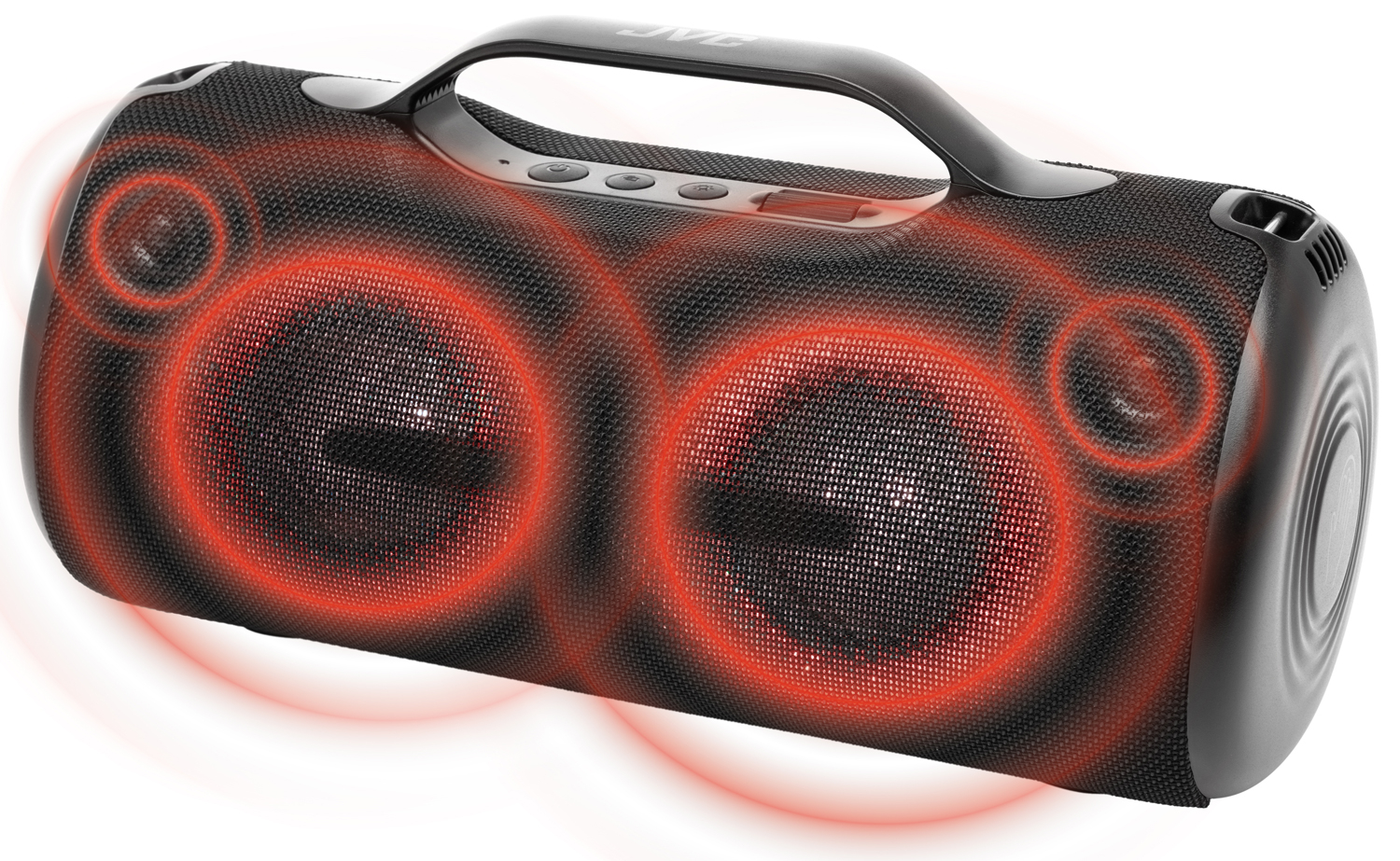 Czarny głośnik z czerwonymi świecącymi pierścieniami wokół głośników.