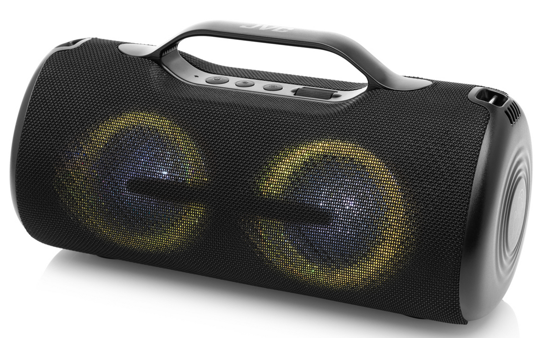 Czarny głośnik JVC z dwoma świecącymi niebieskimi i żółtymi światłami. Cylindryczny kształt, uchwyt.