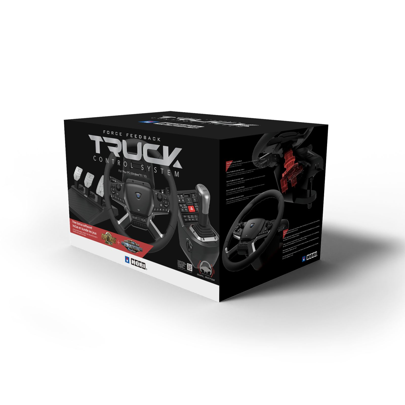 Eine Box für ein LKW-Steuerungssystem. Verfügt über ein Lenkrad, Pedale und einen Schalthebel. Marke: HORI.