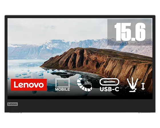 Tragbarer 15,6-Zoll-Monitor von Lenovo mit Berglandschaft.