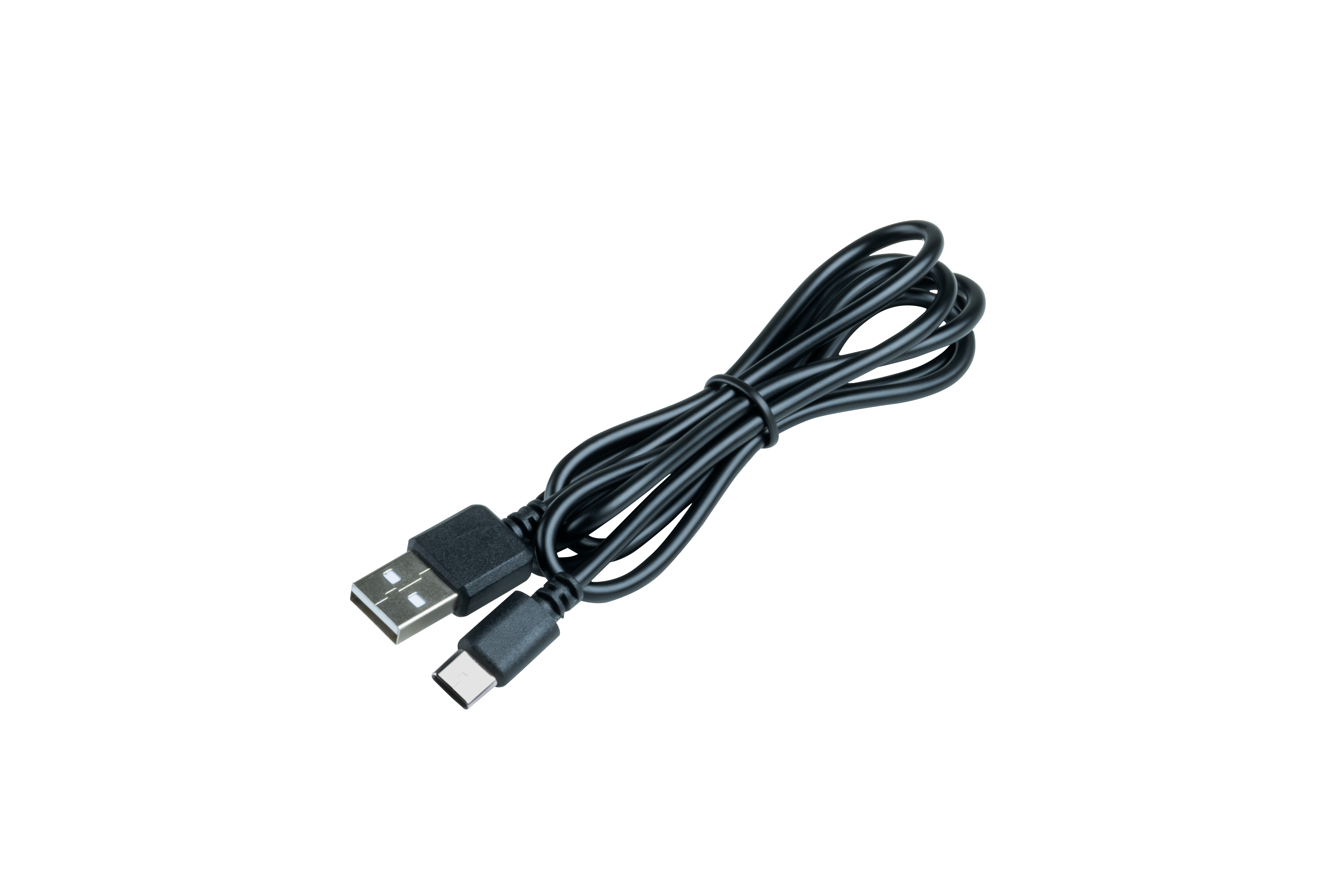 Schwarzes USB-zu-USB-C-Kabel auf weißem Hintergrund.