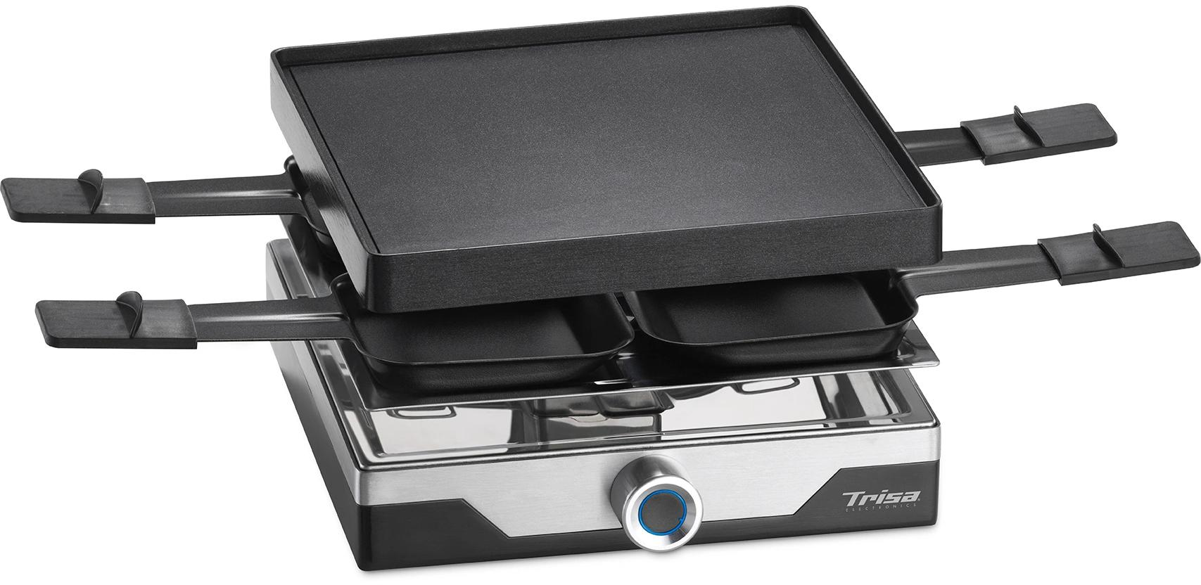 Una griglia per raclette, con superfici di cottura e vassoi per fondere il formaggio.
