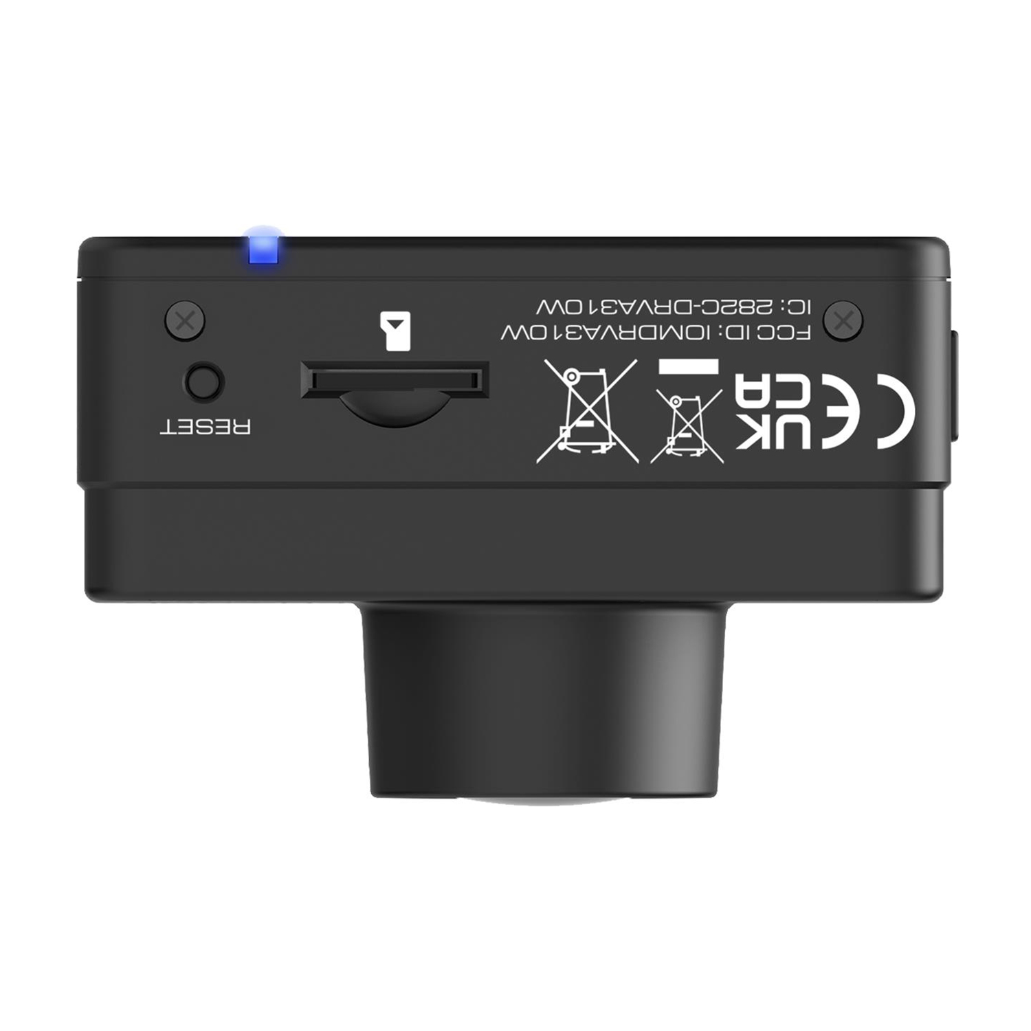 Dispositivo nero simile a una fotocamera con testo e fessure. Mostra il pulsante di reset e la luce blu.