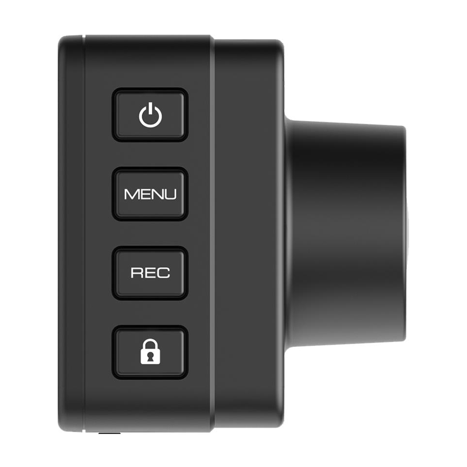 Dashcam nera con pulsanti: accensione, menu, registra e blocca.