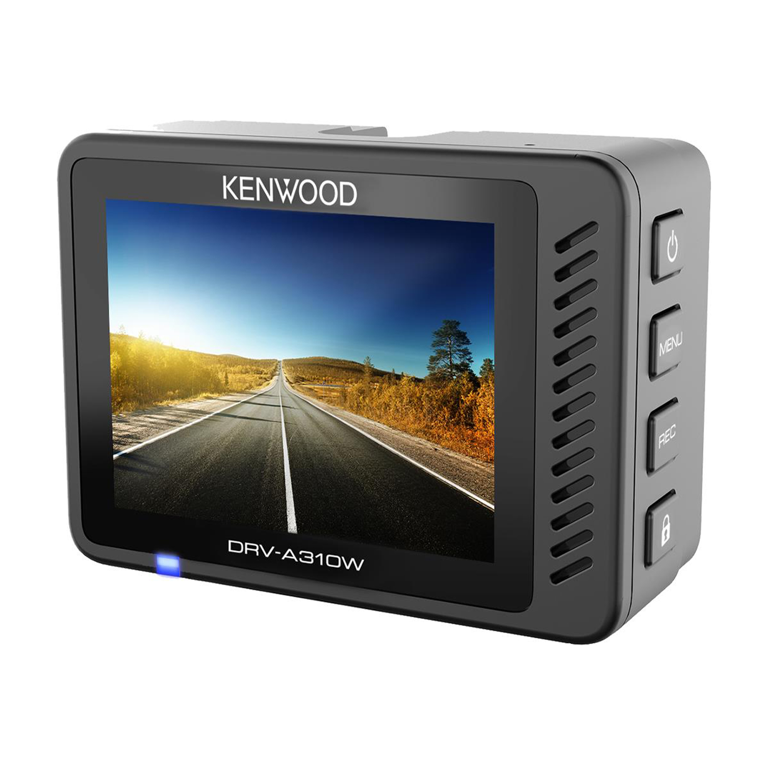 Una dashcam Kenwood nera con uno schermo che mostra una scena stradale e dei pulsanti.