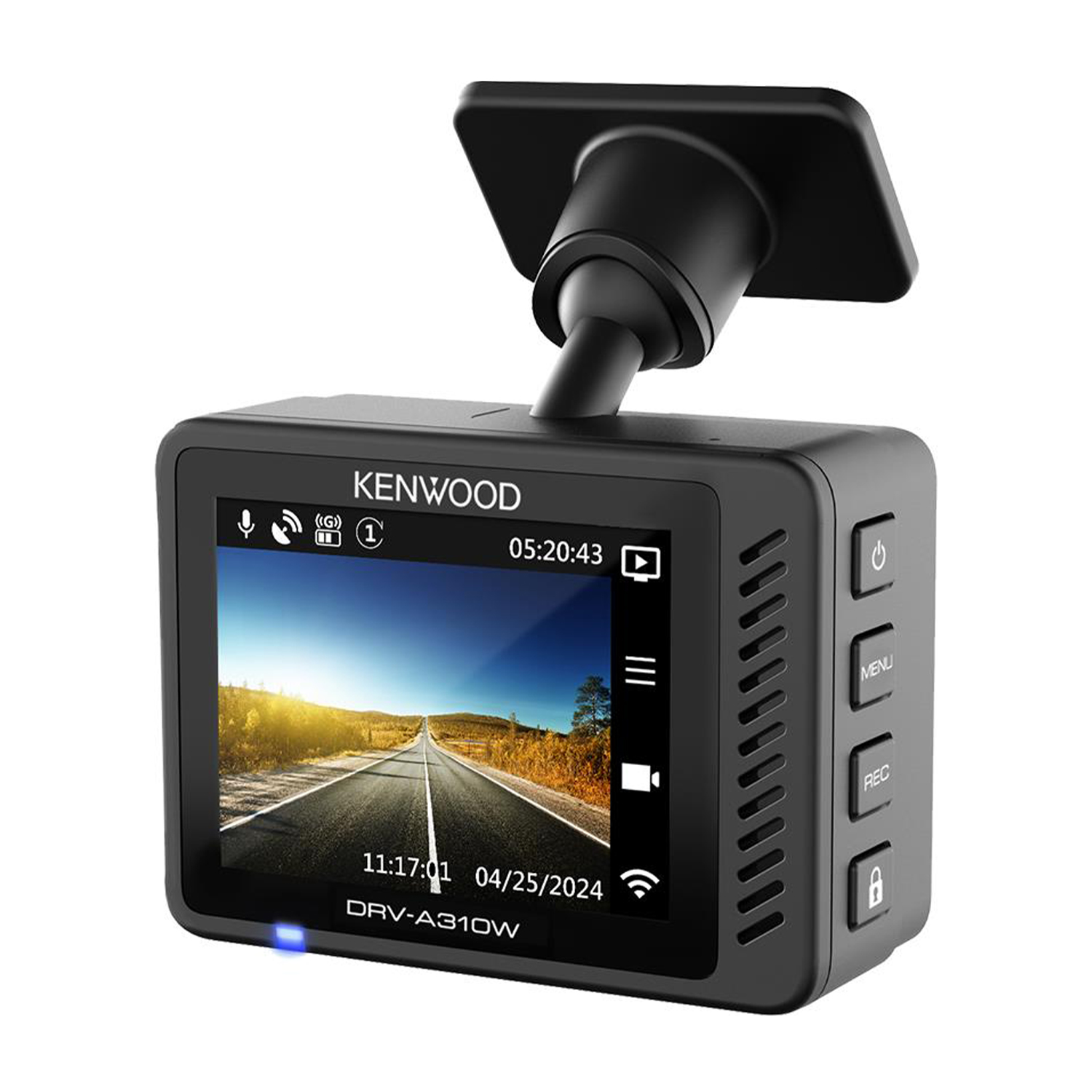 Una dashcam Kenwood con uno schermo che mostra la vista stradale e i comandi.