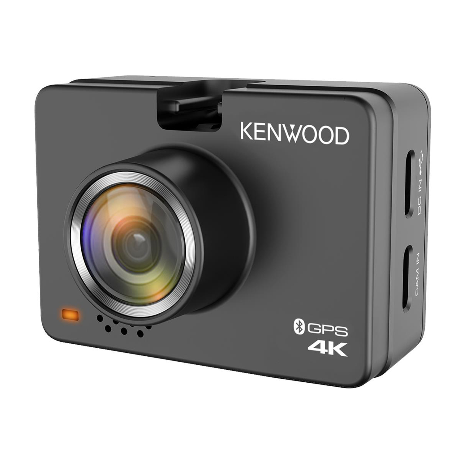 Dash cam Kenwood nero. Ha un obiettivo, un pulsante di accensione e porte CAM IN e DC IN.