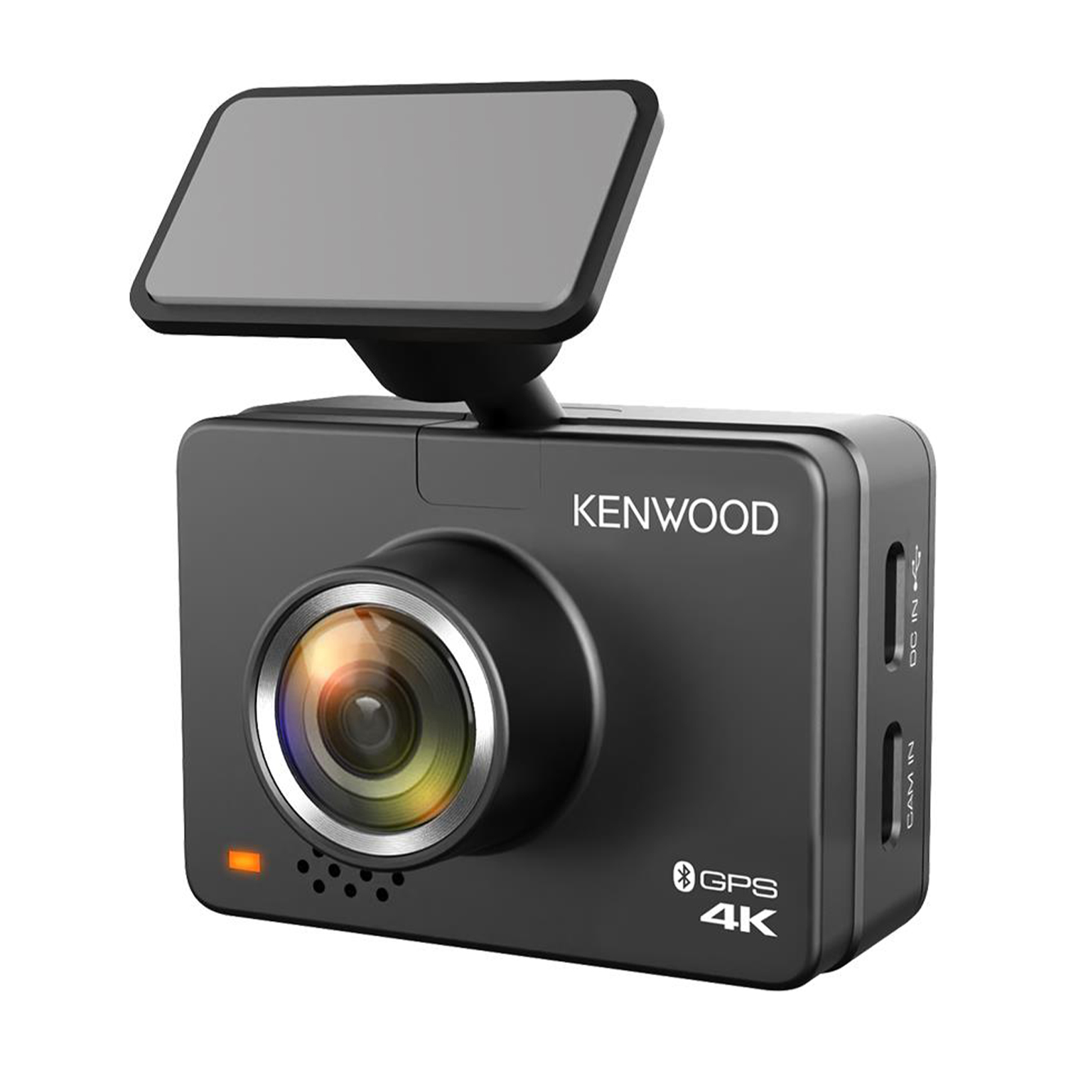 Dash cam Kenwood nera con schermo piccolo e lente. Etichetta GPS e 4K.