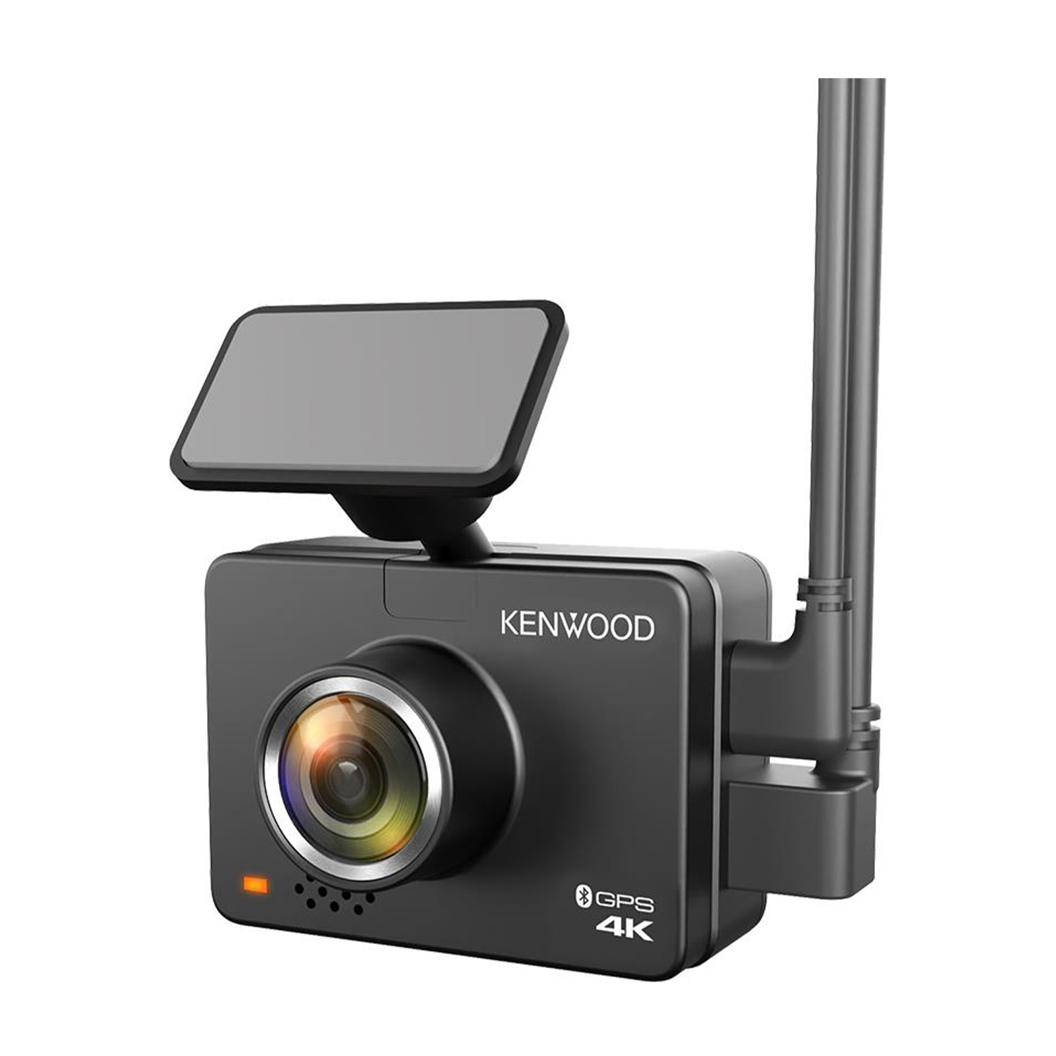 Dashcam Kenwood nera con schermo e antenna. Etichette GPS e 4K visibili.