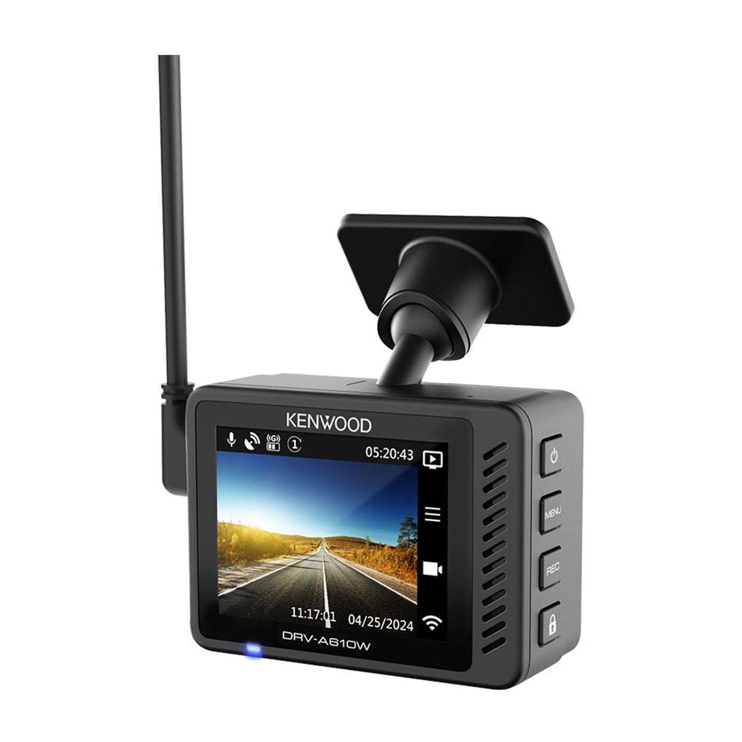Dash cam Kenwood, che mostra una strada sullo schermo. Dispositivo nero con schermo e pulsanti.