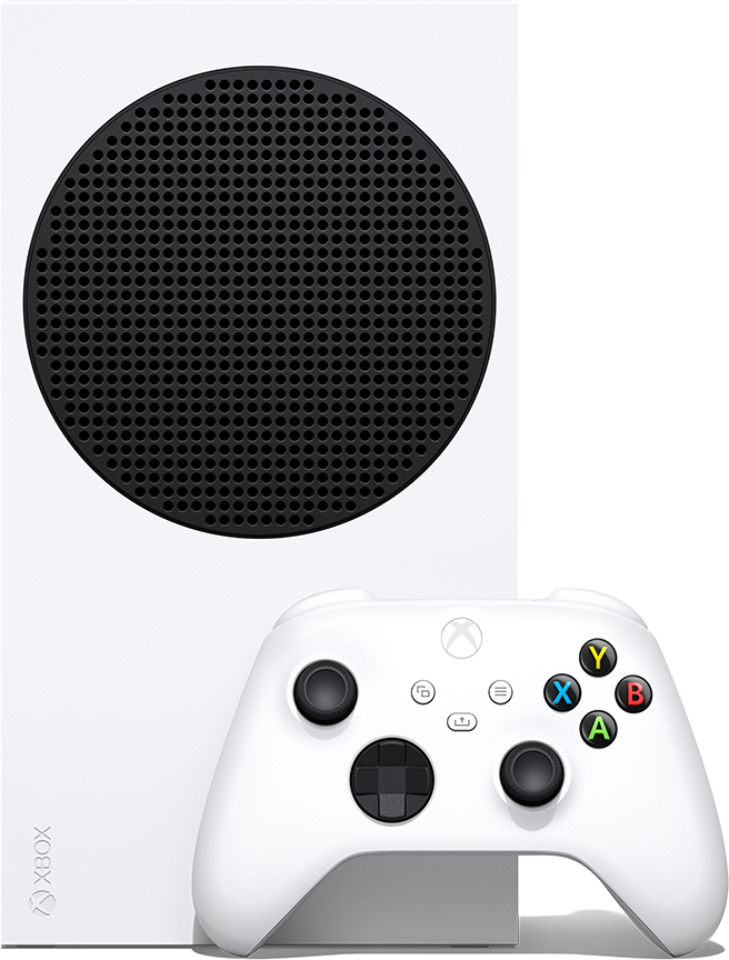 Fehér Xbox Series S konzol és egy hozzáillő fehér kontroller.
