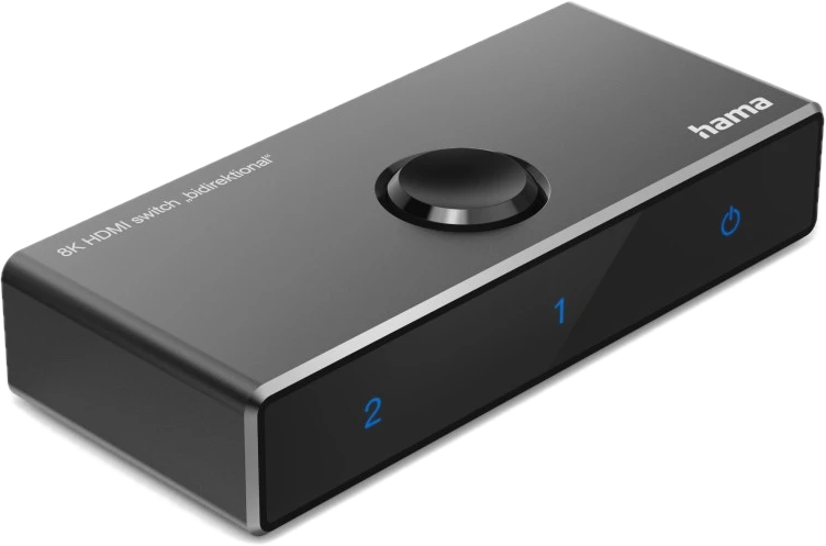 Commutateur HDMI noir avec ports d'entrée/sortie et bouton de commande central.