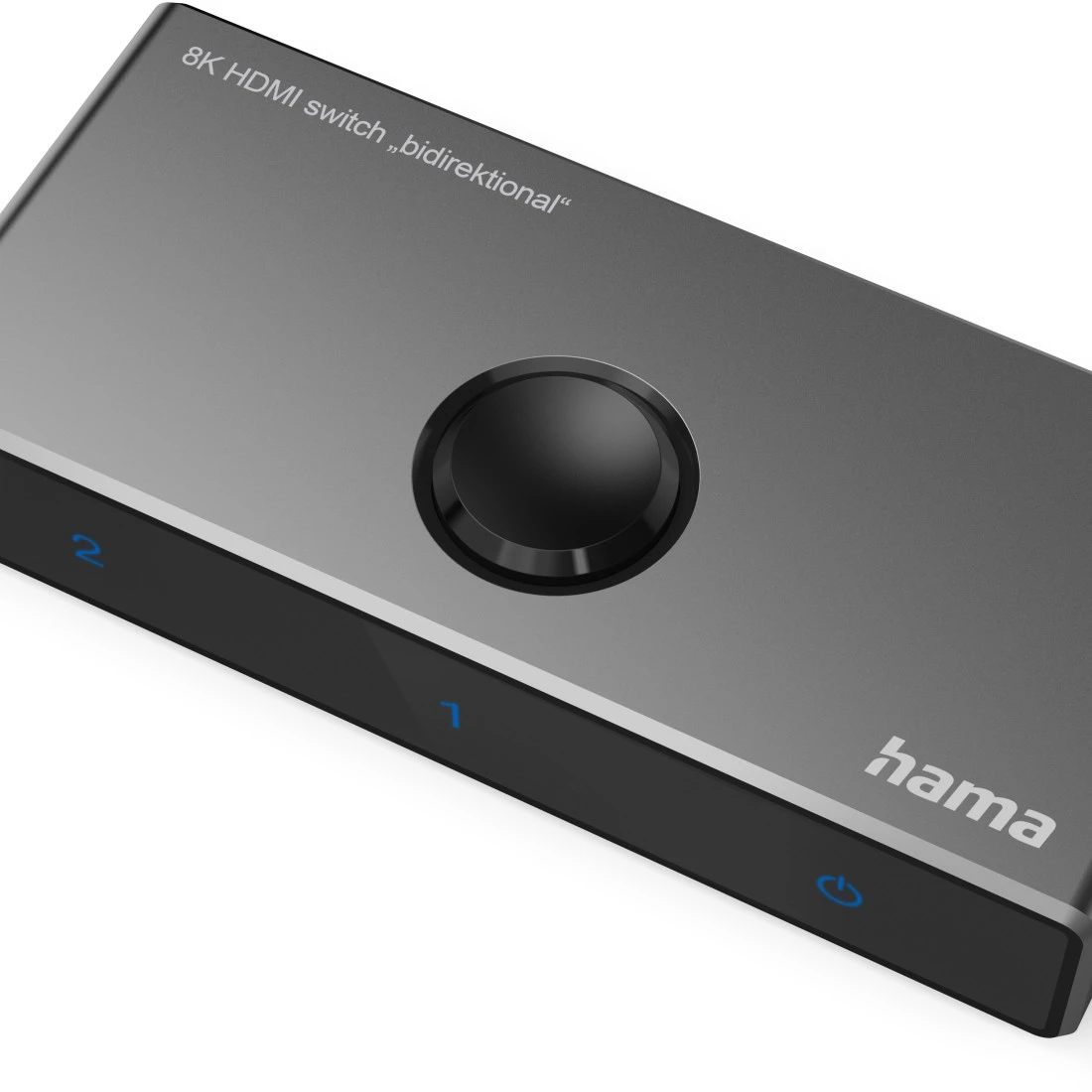 Un commutateur HDMI noir avec un bouton et des étiquettes de port.
