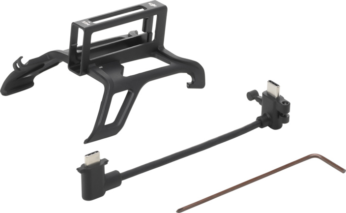Schwarze Metallhalterung mit Kabel und Inbusschlüssel, isoliert auf weißem Hintergrund.