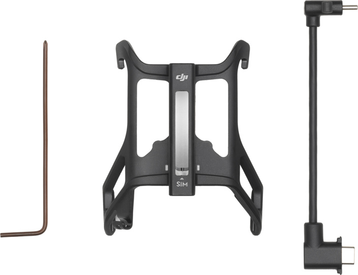 Schwarzes DJI-Zubehör: ein Halter, ein USB-C-Kabel und ein kleines L-förmiges Werkzeug, auf Weiß.