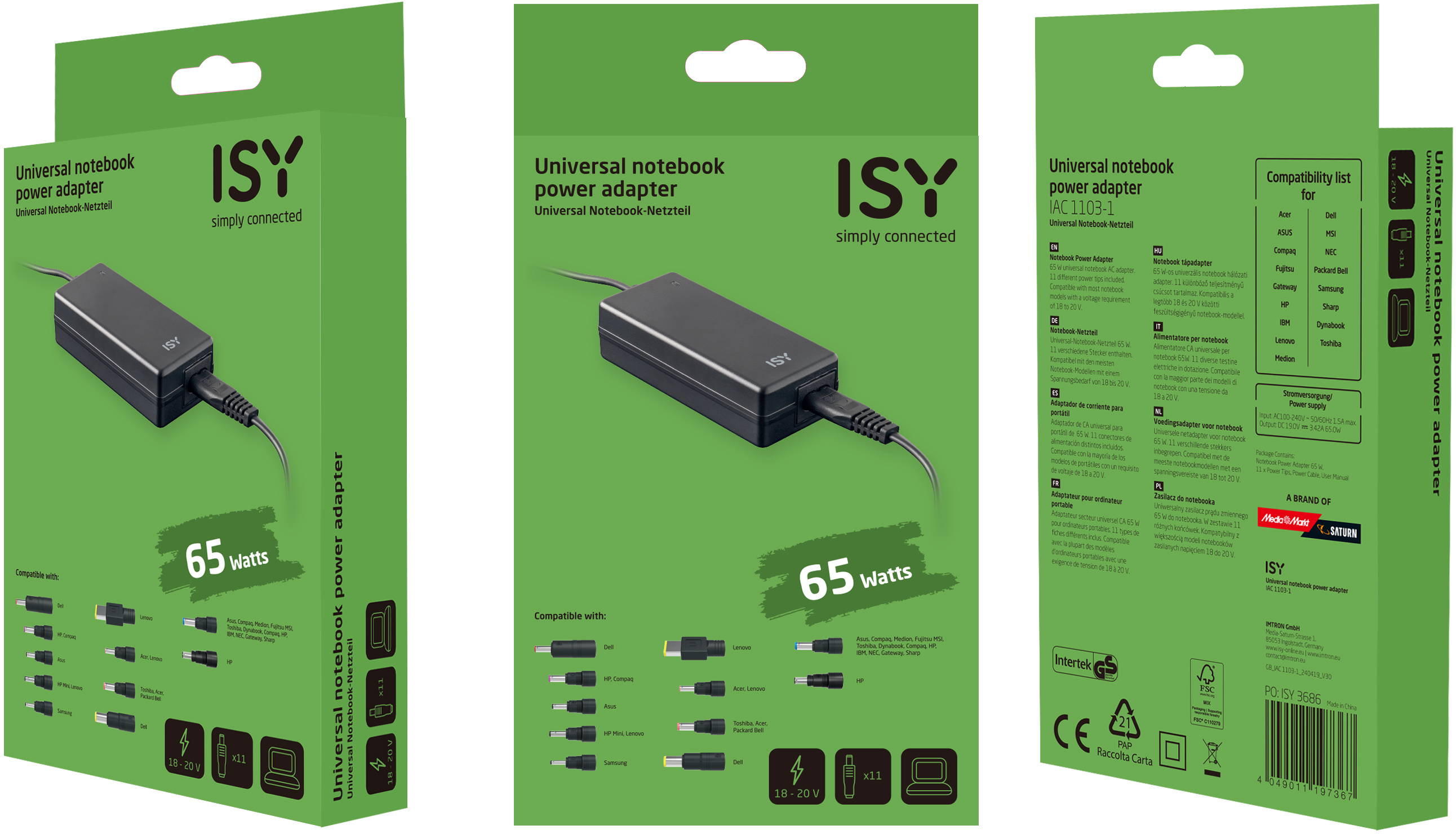 Eine grün-weiße Box für ein universelles Notebook-Netzteil. Mehrere Netzadapter sind abgebildet.