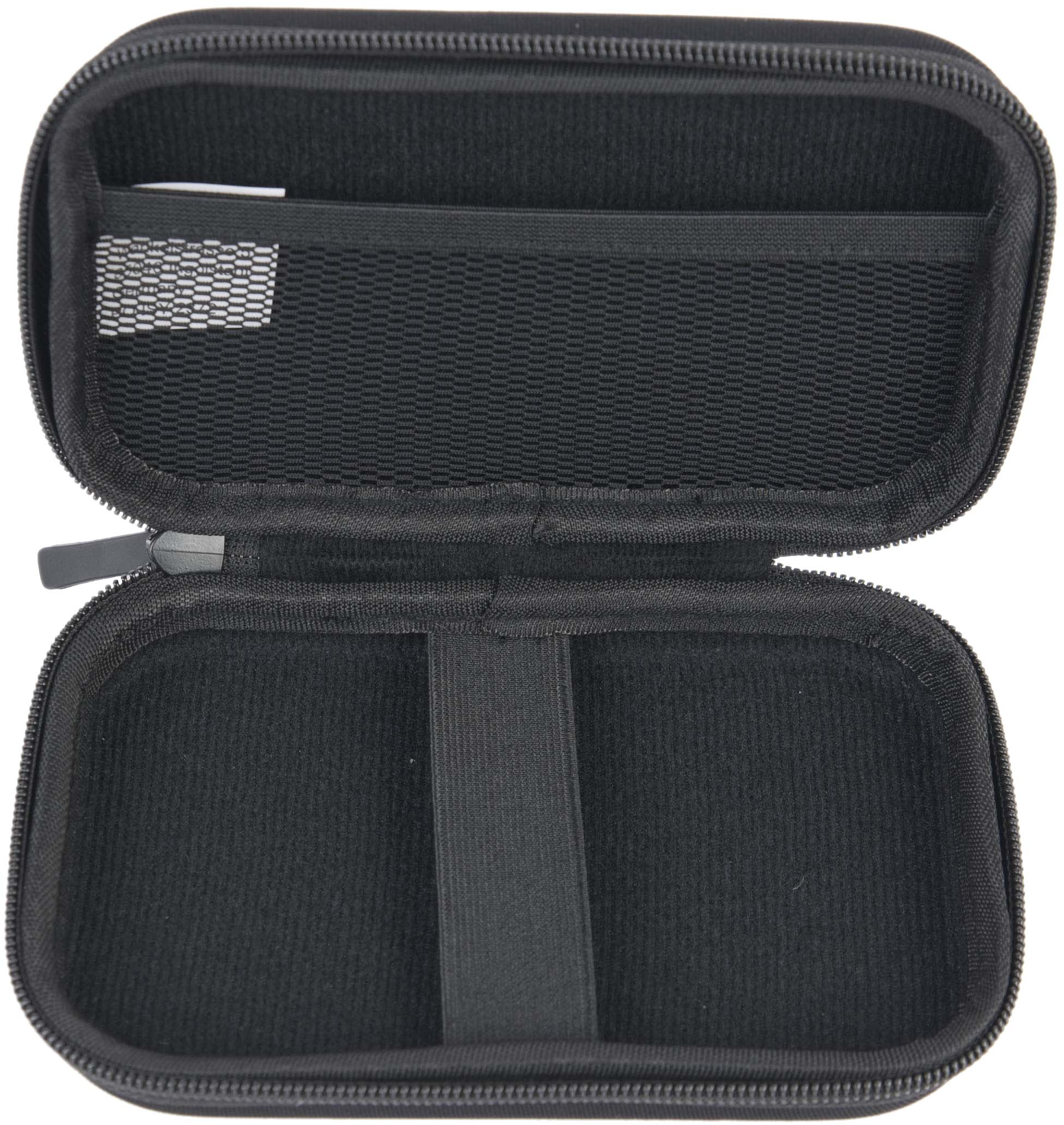 Schwarze, gezippte, offene Hülle. Innen gibt es ein Gummiband und eine Netztasche. Schwarzer Hintergrund.