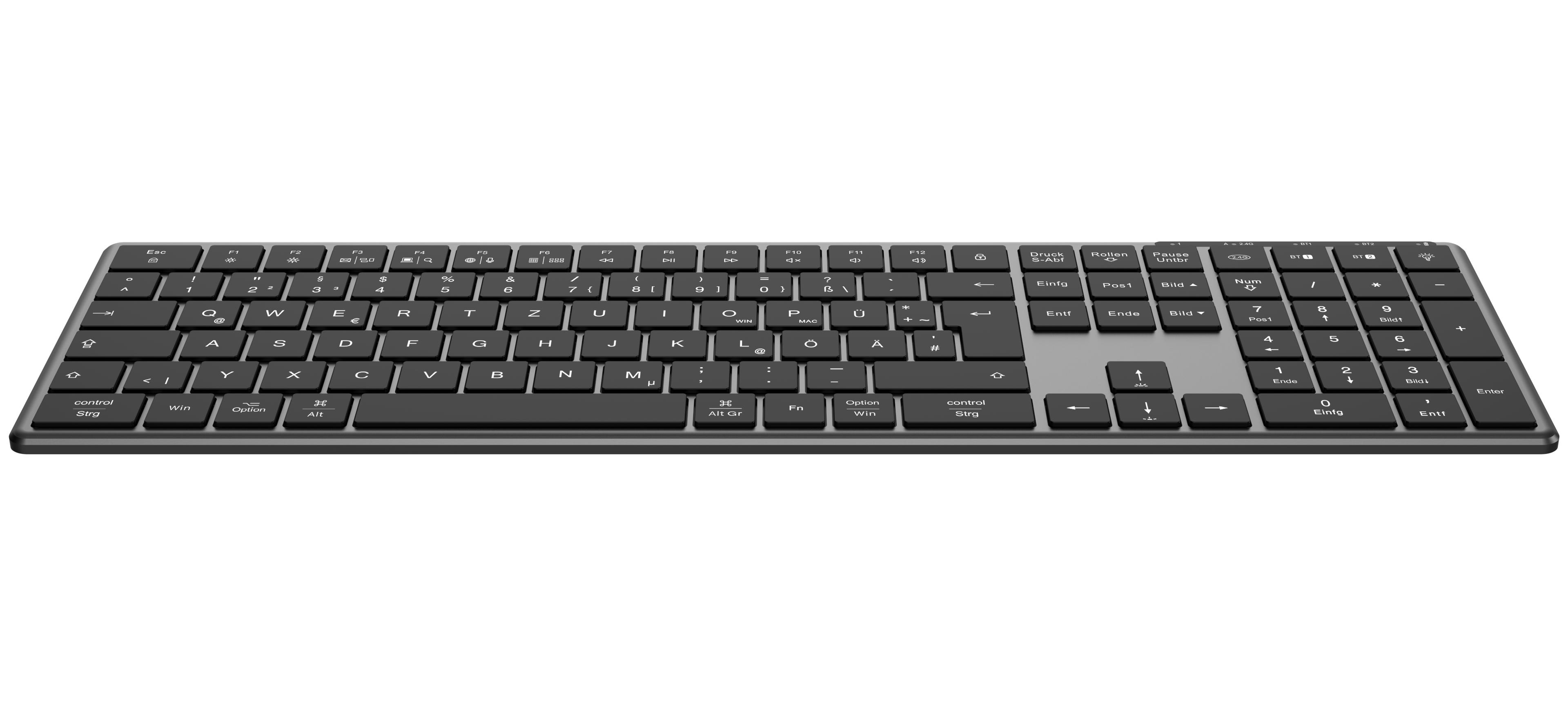Eine schwarze Tastatur mit Buchstaben und Zahlen. Weißer Hintergrund. Draufsicht.