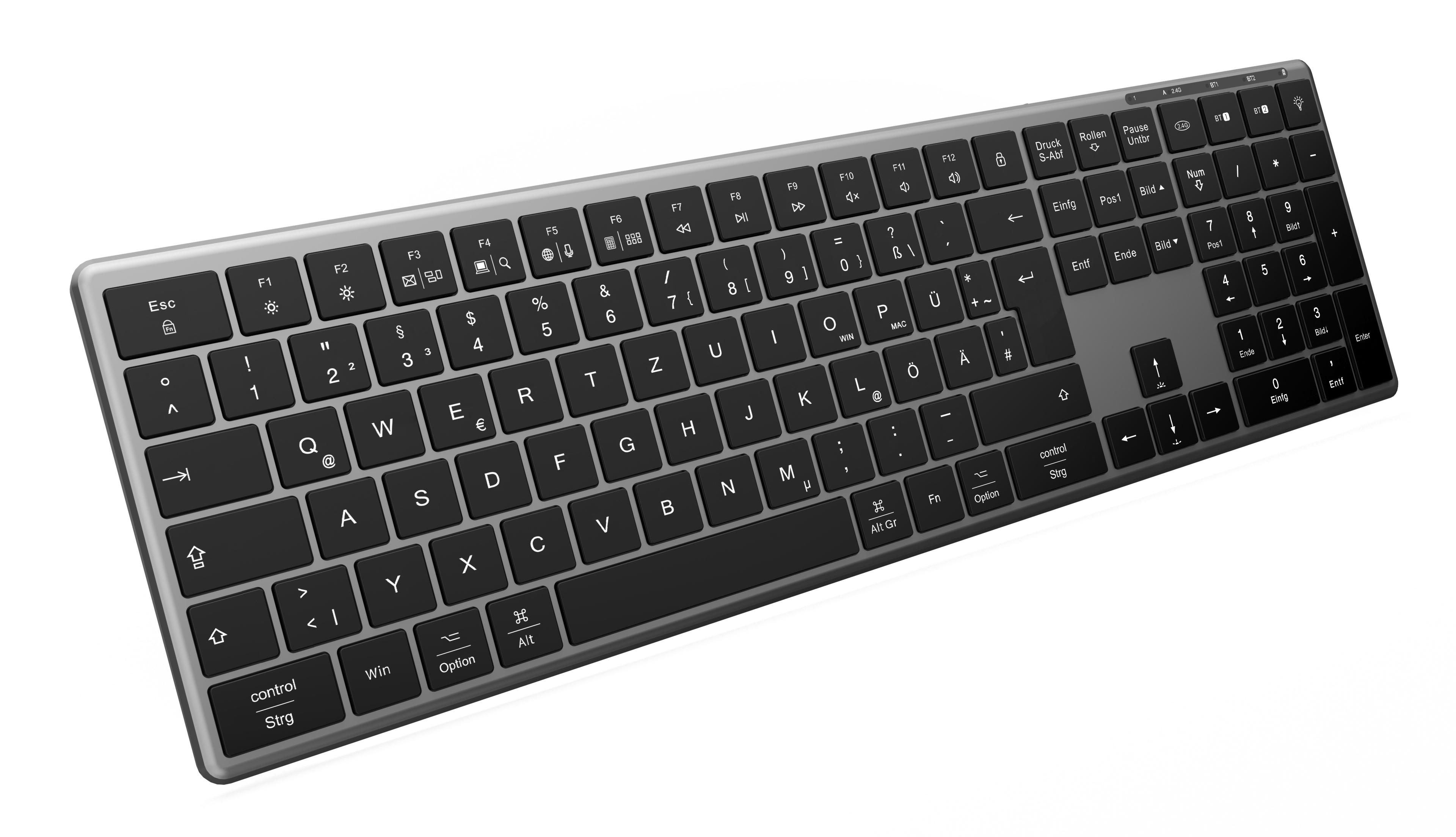 Silberne Tastatur mit schwarzen Tasten. Die Tastatur ist abgewinkelt und hat einen Nummernblock.