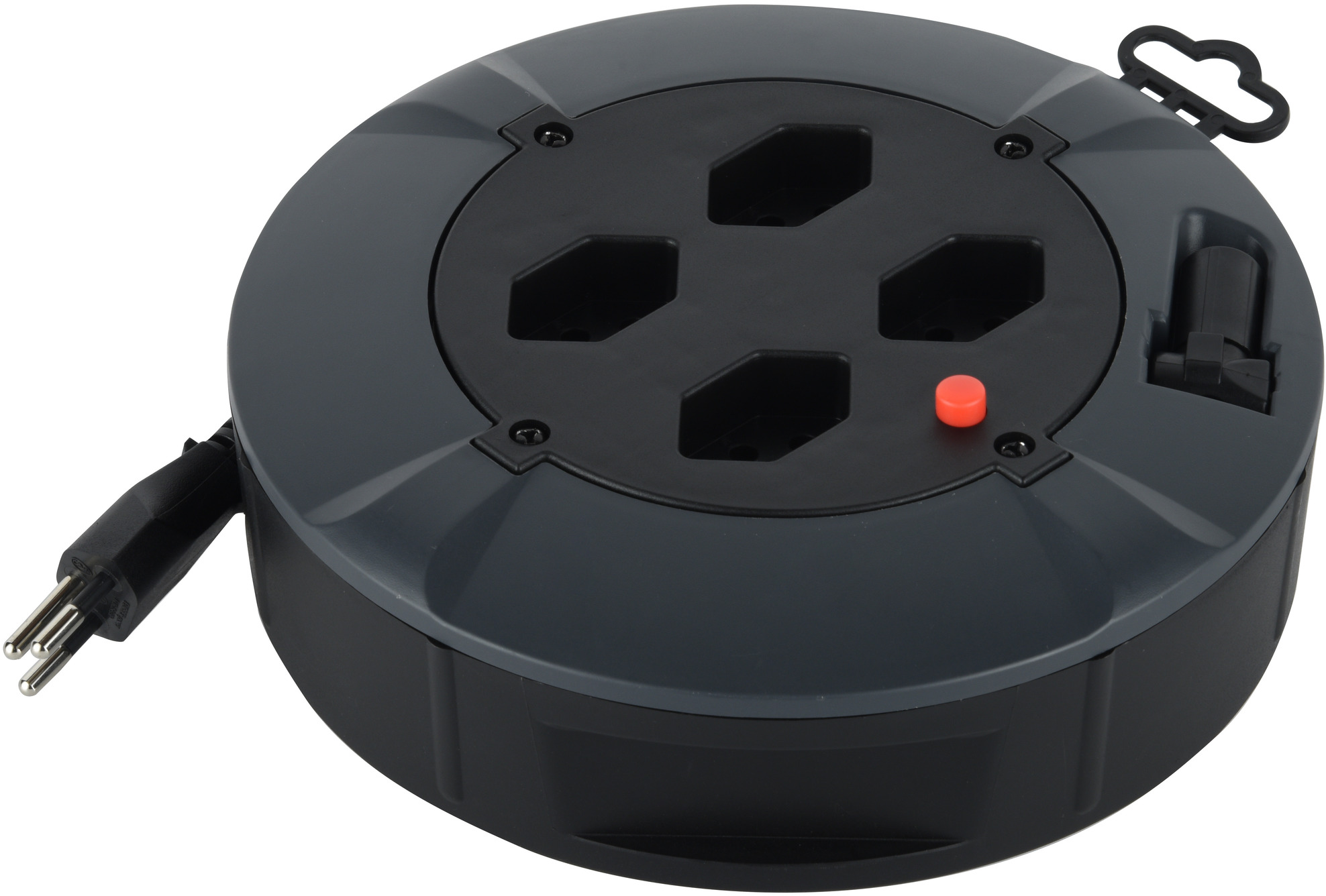 Eine schwarze Kabeltrommel mit 4 Steckdosen, roter Taste und Stecker.
