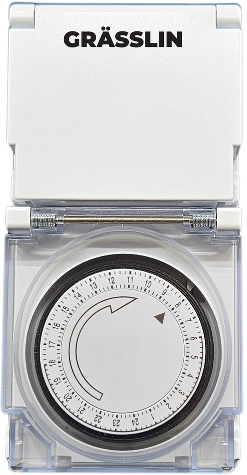 Weißer Timer mit transparentem Deckel, Grässlin-Text oben. Der Timer hat ein rundes Zifferblatt.