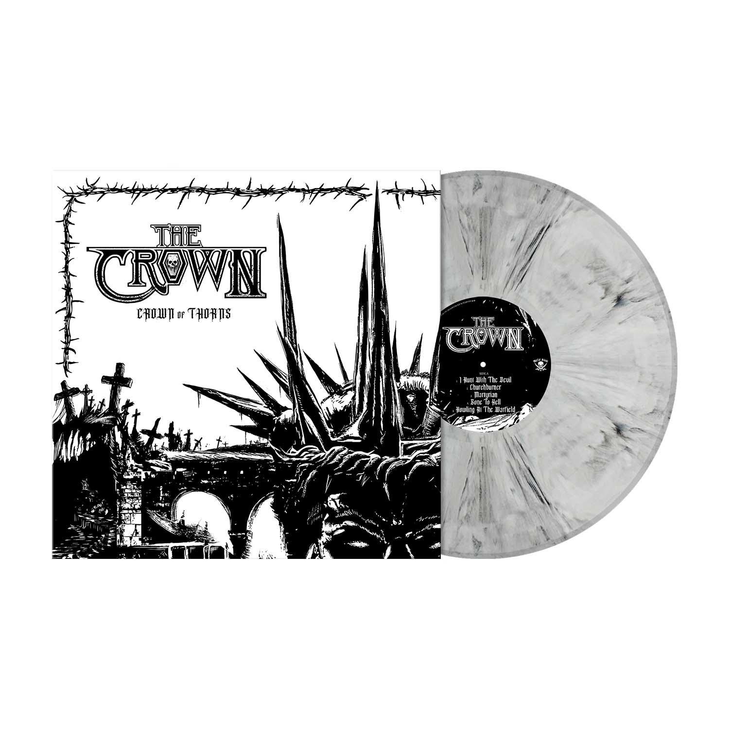 Vinyl-Schallplattenhülle mit dem Logo der Band The Crown und Dornen-Artwork; silbernes und schwarzes Vinyl.