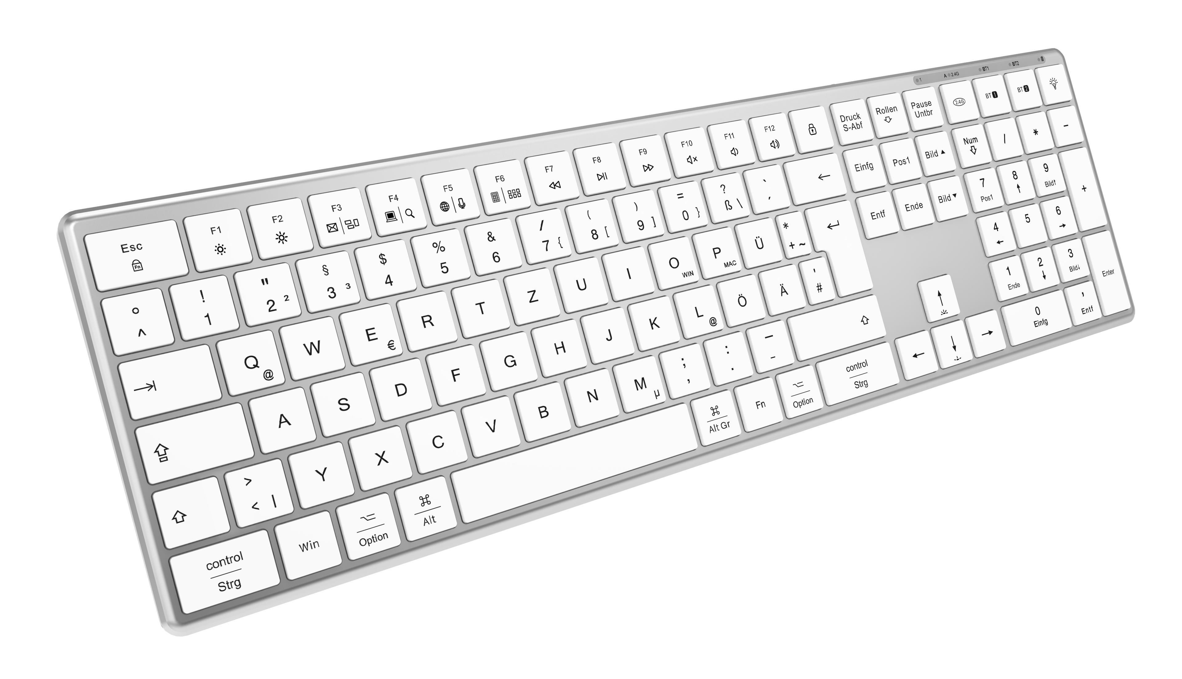 Eine silberne Tastatur mit weißen Tasten, mit vielen sichtbaren Tasten, auf weißem Hintergrund.