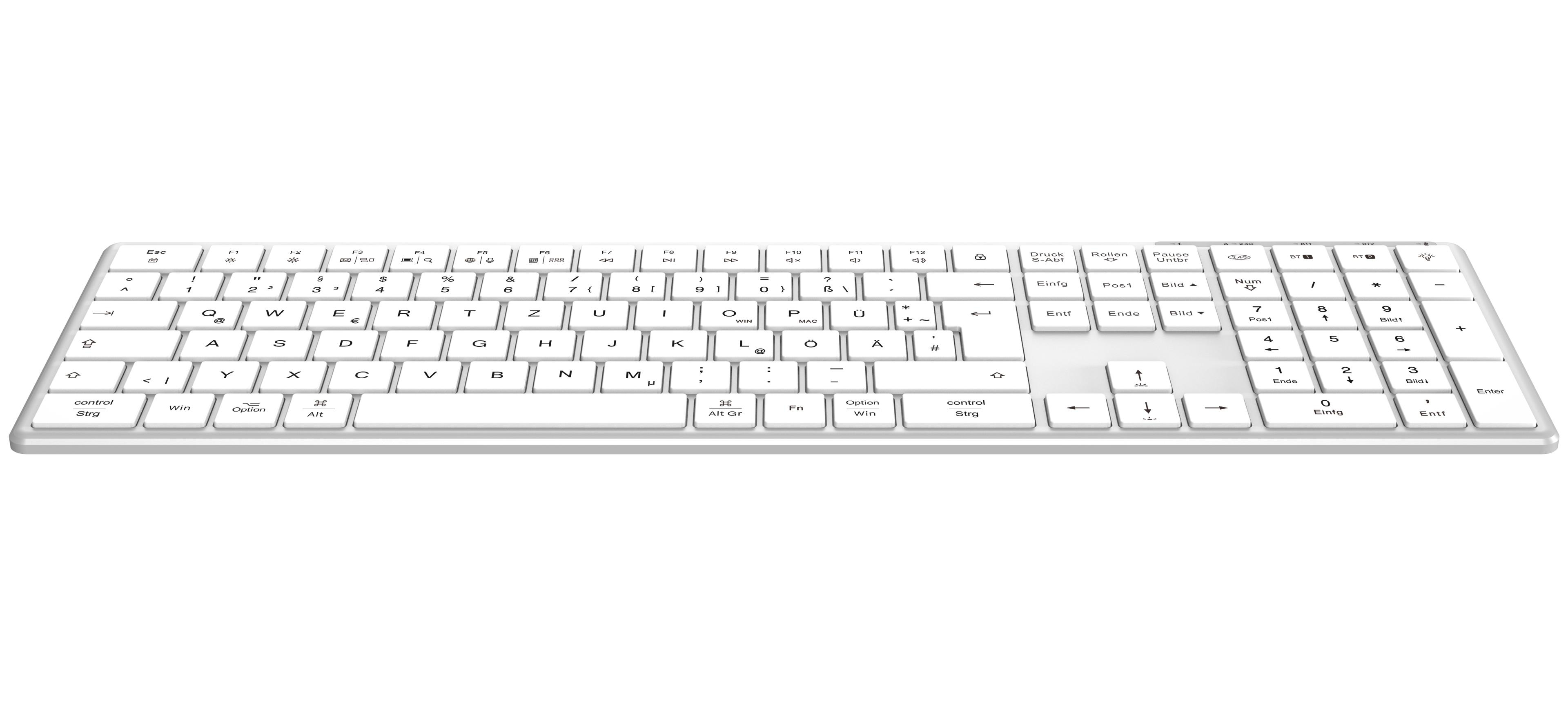 Weiße Tastatur mit Tasten. Die Tastatur befindet sich auf weißem Hintergrund.