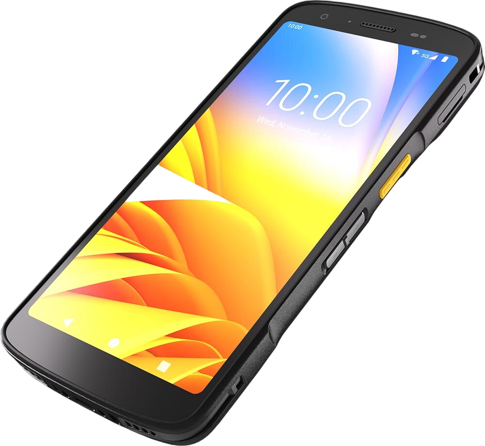 Schwarzes Smartphone angewinkelt, Bildschirm zeigt Zeit. Oranger und gelber Hintergrund, gelbe Taste.