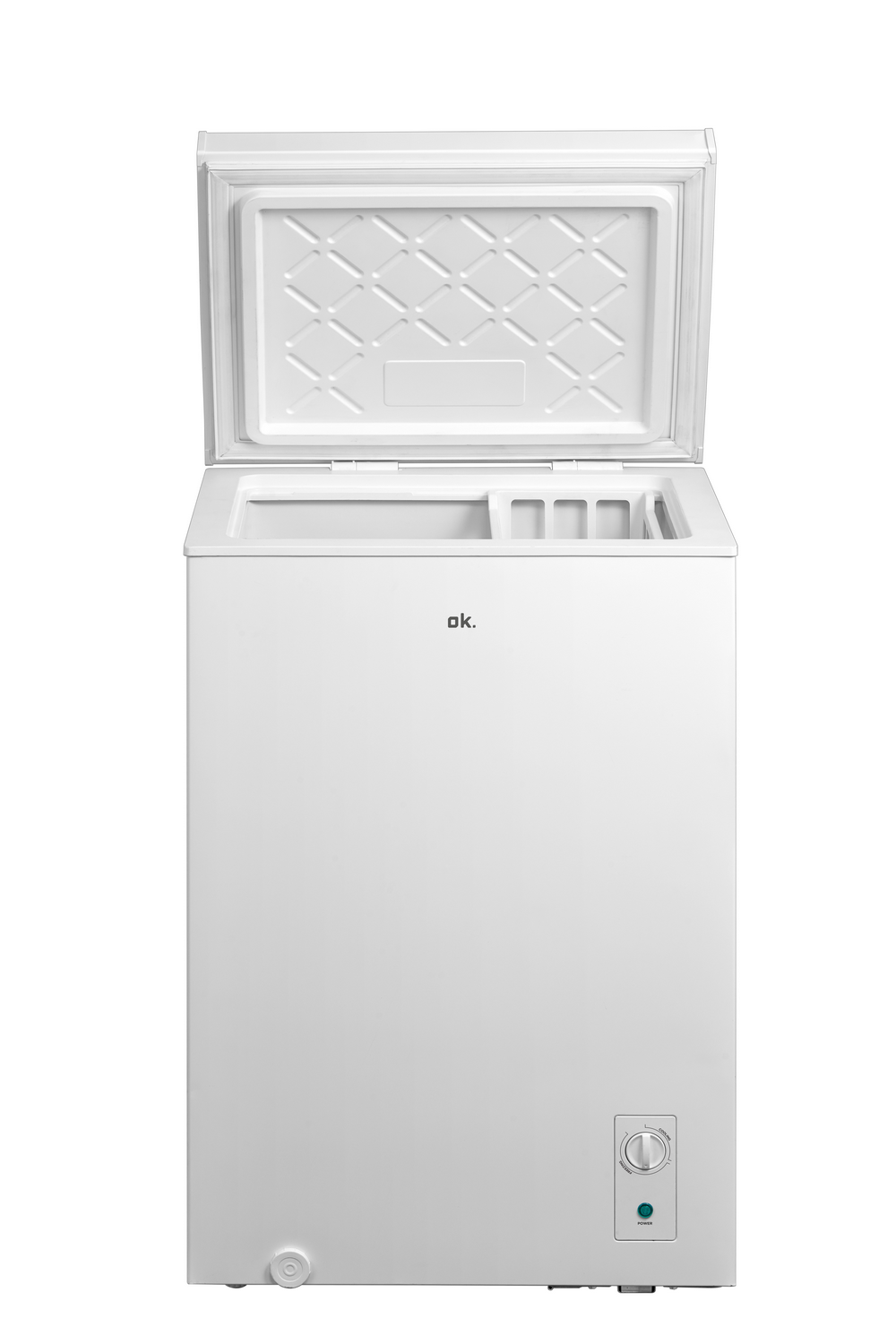 Congelador blanco con tapa abierta, mostrando el interior.