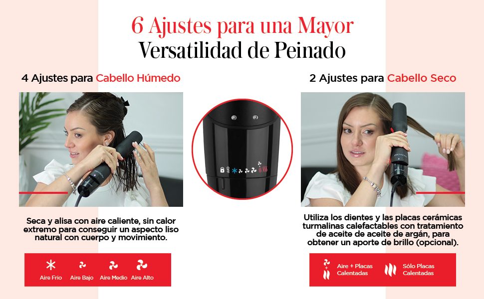 Imagen muestra un styler de pelo con diferentes ajustes para peinar cabello húmedo y seco.