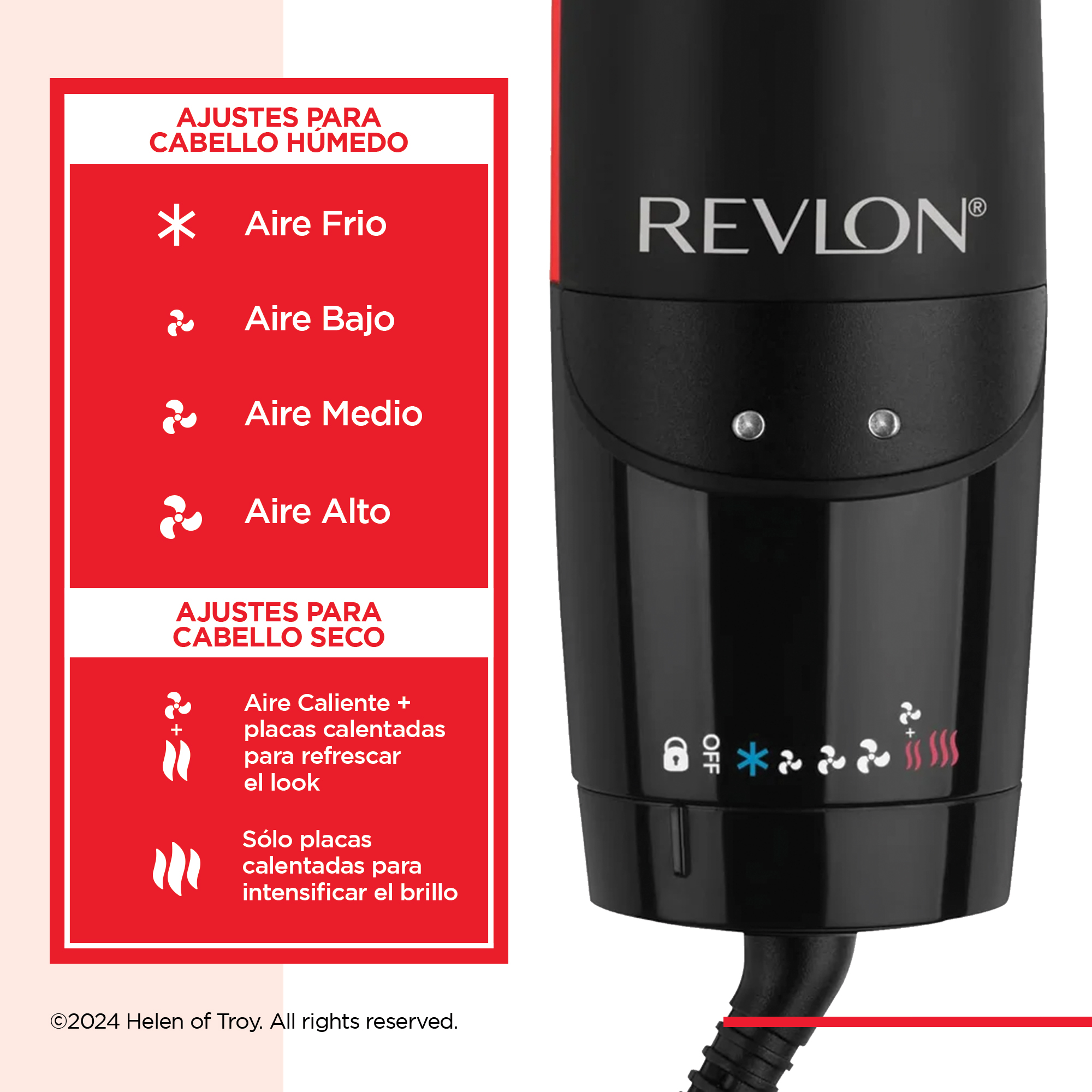 Secador de pelo Revlon negro, con gráfico de ajustes en español.