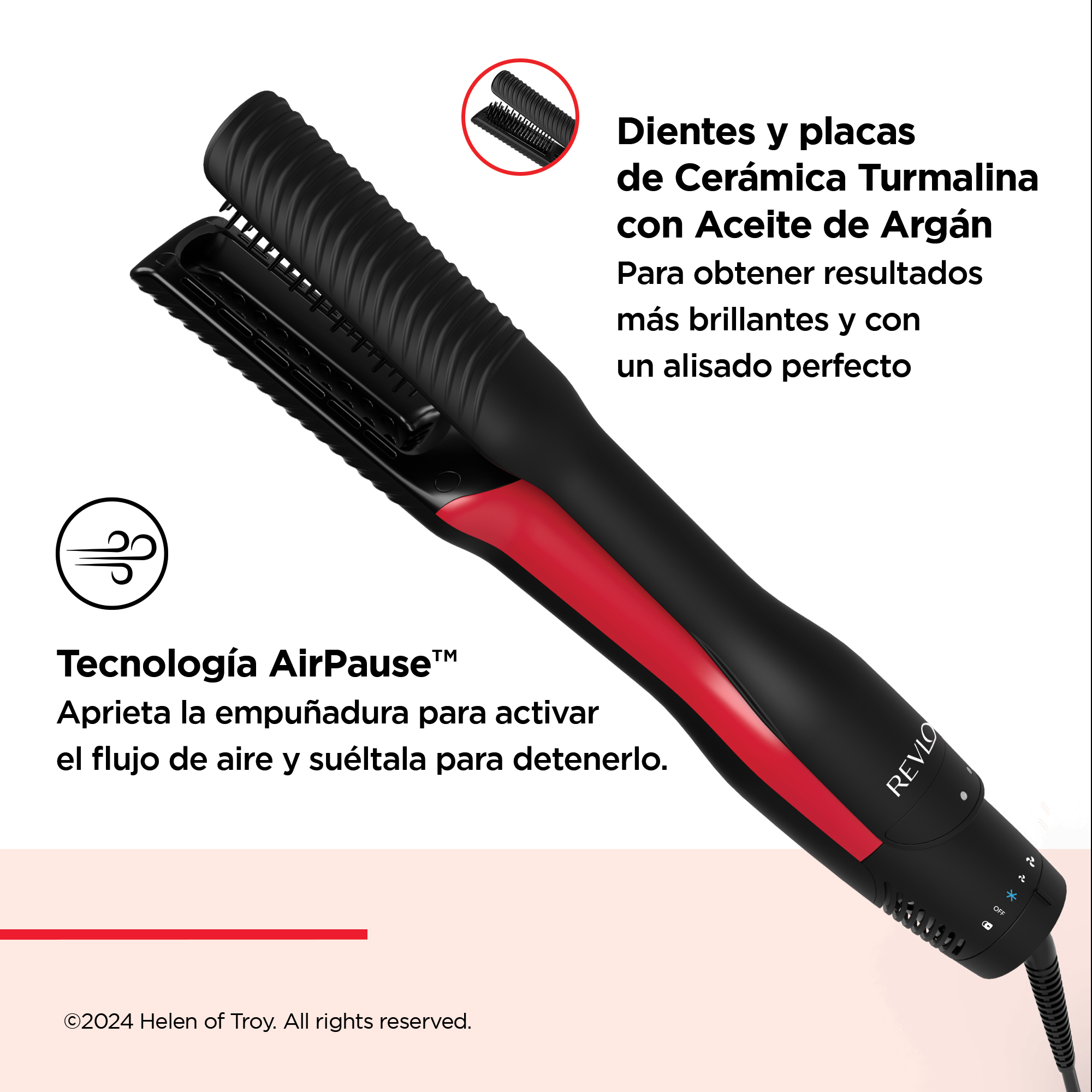 Plancha de pelo negra y roja con texto que describe características y tecnología.