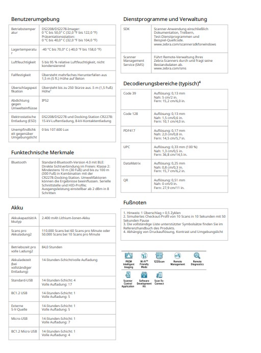 Ein detailliertes technisches Dokument mit Tabellen und Text über Produktspezifikationen und Funktionen.