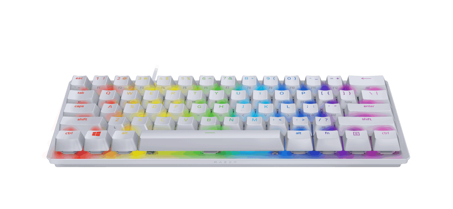 Teclado blanco con teclas arcoíris y logotipo de Razer, sobre una superficie blanca con fondo negro.
