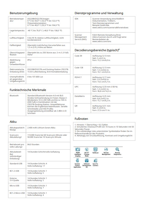 Ein technisches Datenblatt mit Spezifikationen und Details für einen Scanner.