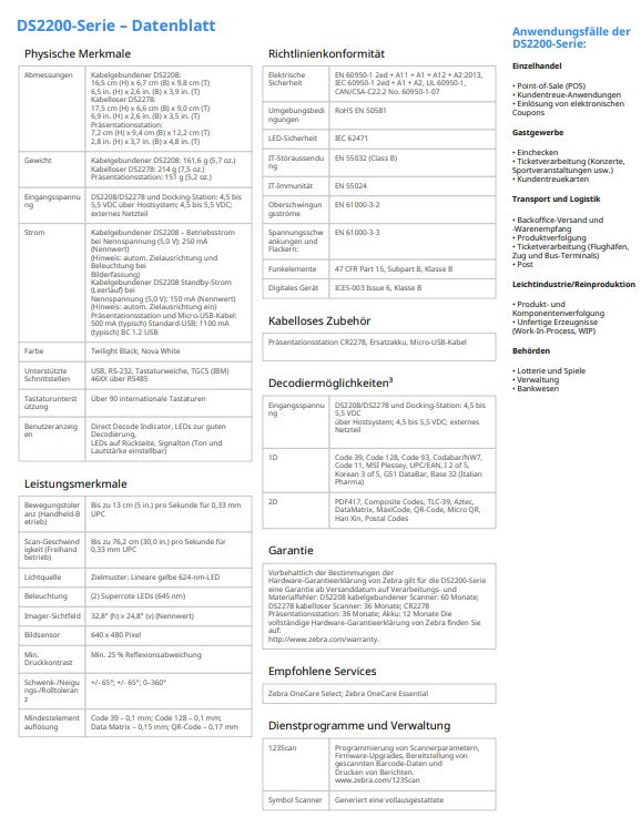 Datenblatt mit Produktspezifikationen. Text auf Deutsch, mit verschiedenen technischen Details.