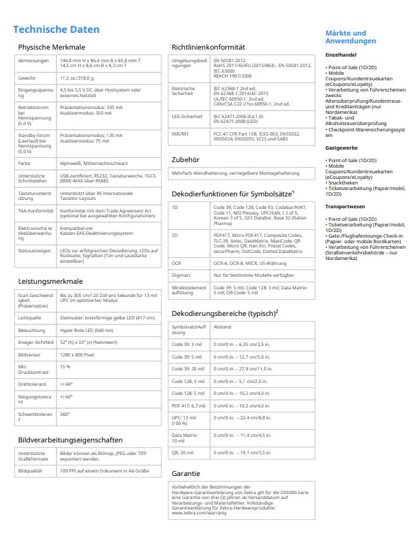 Technisches Datenblatt mit physikalischen Abmessungen, Umgebungsbedingungen und Symbolen des Produkts.
