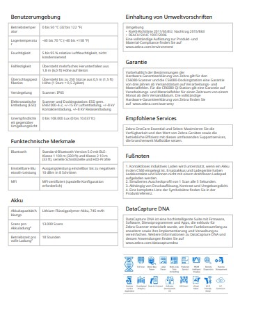 Informationstext über die Eigenschaften eines Zebra-Scanners, einschließlich seiner Betriebsumgebung und Funktionen.