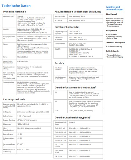 Technische Datentabelle in deutscher Sprache.