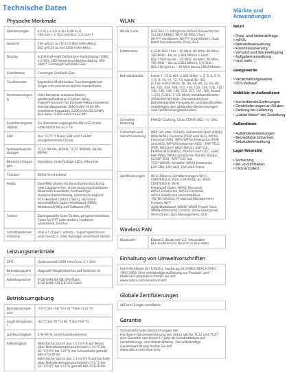 Ein technisches Datenblatt mit Text in mehreren Spalten und Zeilen. Informationen zu WLAN etc.