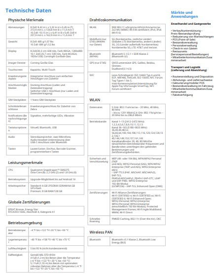 Ein technisches Datenblatt mit Details zu einem Gerät.