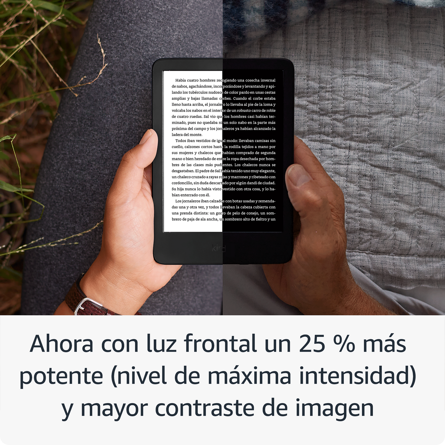 Persona sosteniendo un Kindle, con texto sobre la luz frontal mejorada.