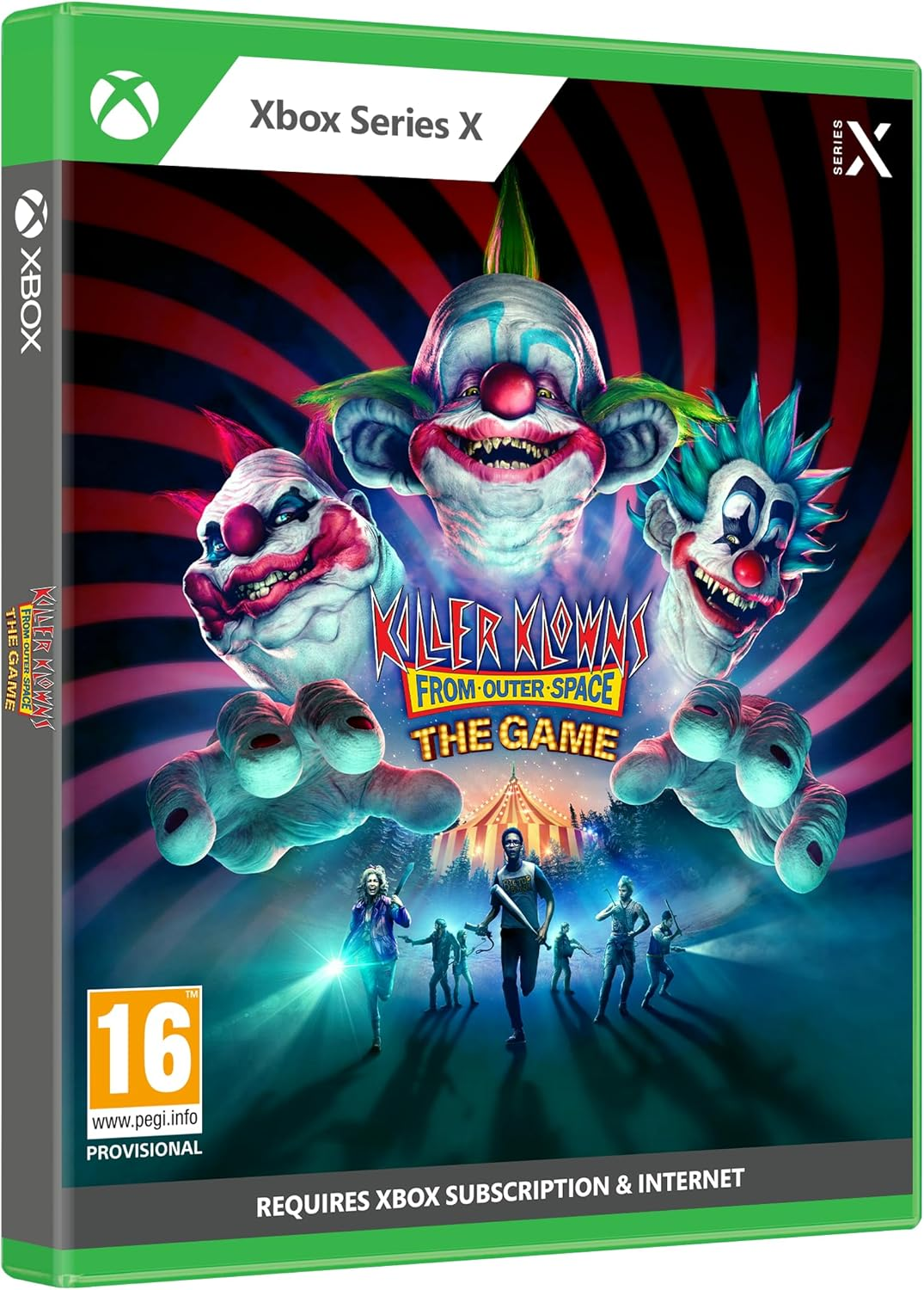 Portada del juego 'Killer Klowns From Outer Space: The Game' con personajes de payasos.