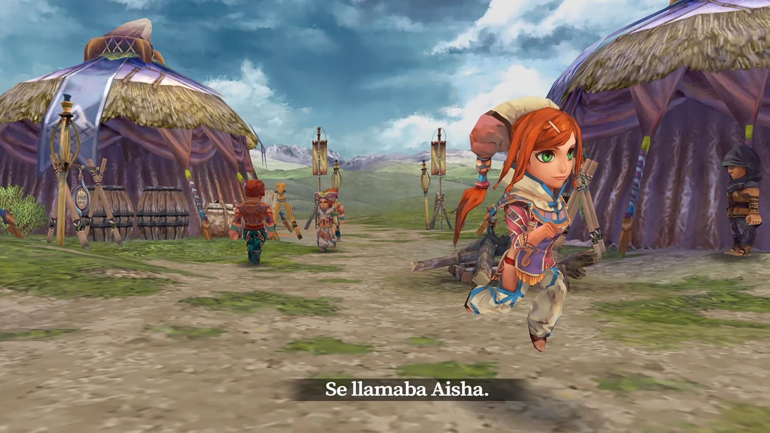 Escena de dibujos animados con personajes en un pueblo. Una niña corre hacia el espectador, texto abajo.