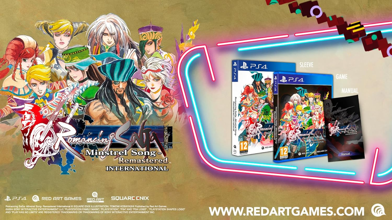 Portada del juego con personajes, caja y manual, titulado 'Romancing SaGa - Minstrel Song Remastered'.
