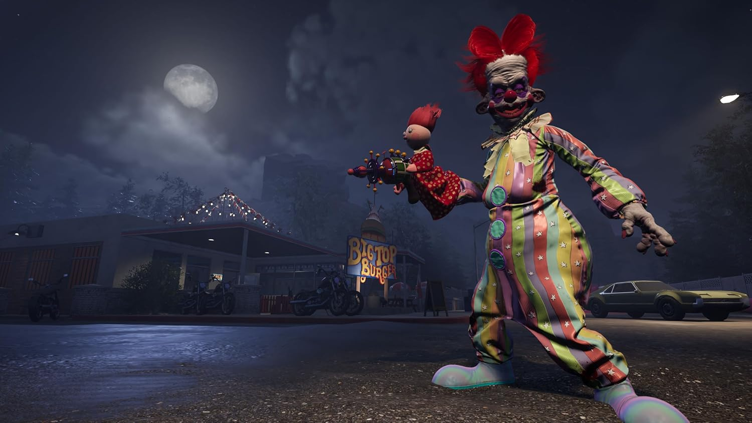 Payaso con arma, letrero Bigtop Burger detrás, escena nocturna con luna.