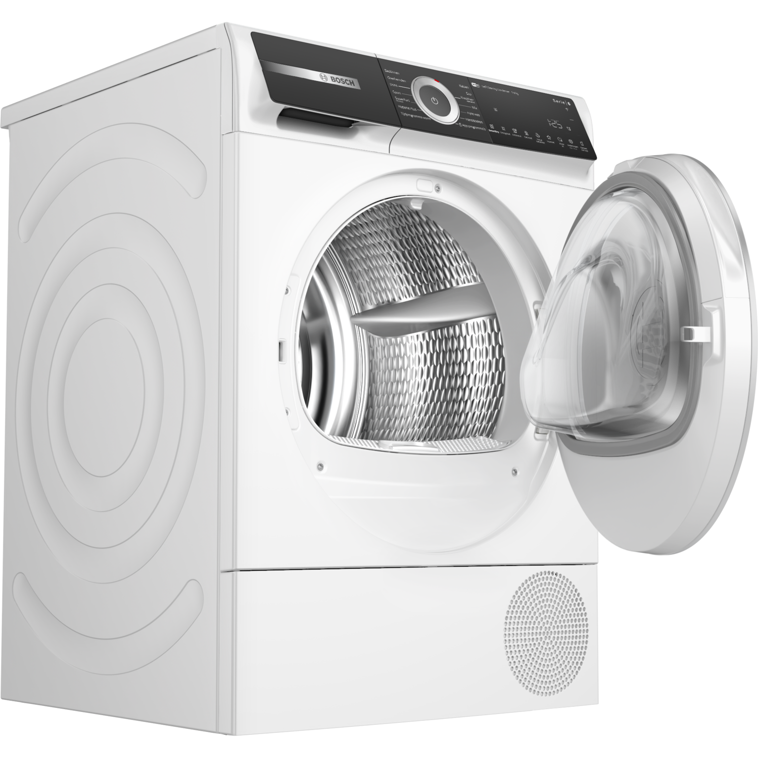 White dryer with an open door. Inside is a textured metal drum. Black background.