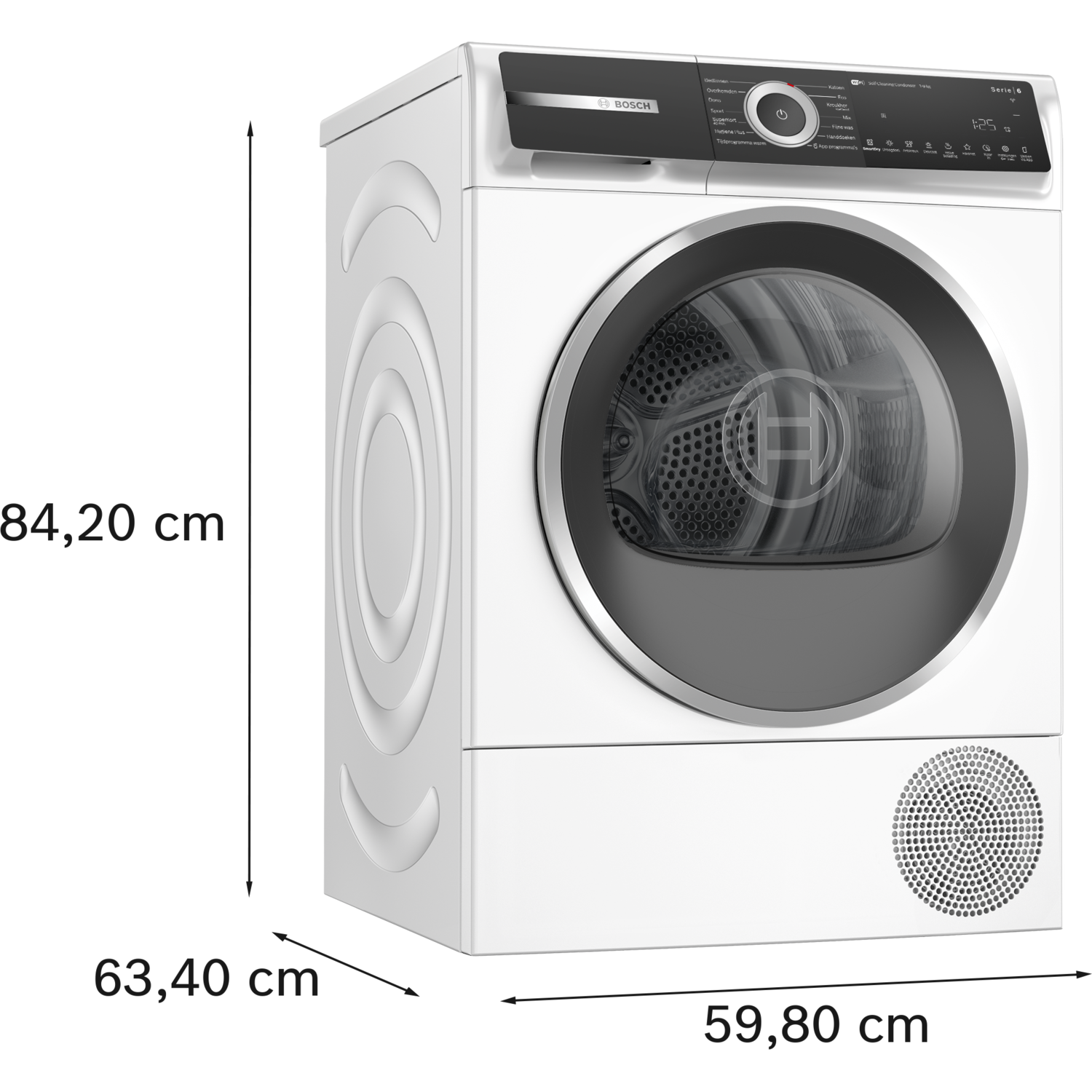 White dryer with a black door, controls, and a Bosch logo. The background is black.